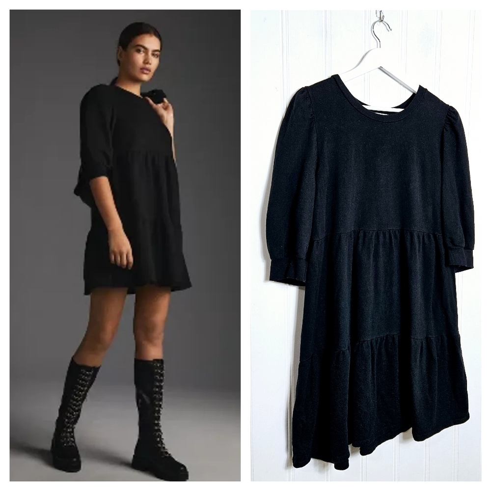 Anthropologie T.La Dress XL Savannah Puff Sleeve Tiered Mini Boho Black Dress